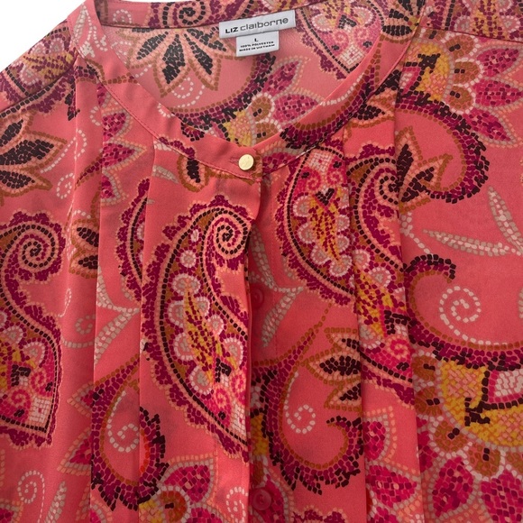 Liz Claiborne women’s paisley print pleated button‎ down 3/4 sleeve blouse large - Picture 3 of 6